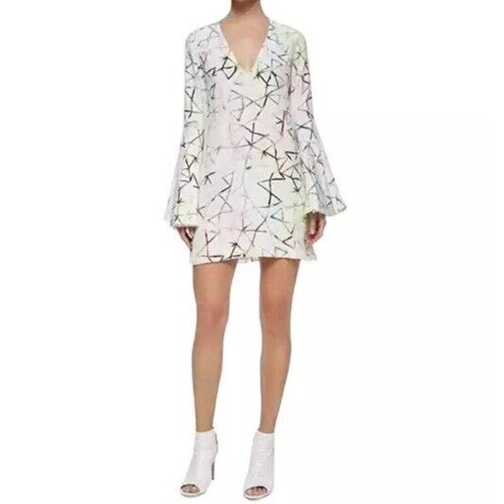 Alexis Bell Sleeve Shift Mini Dress Size S Off-white Multicolor Print
